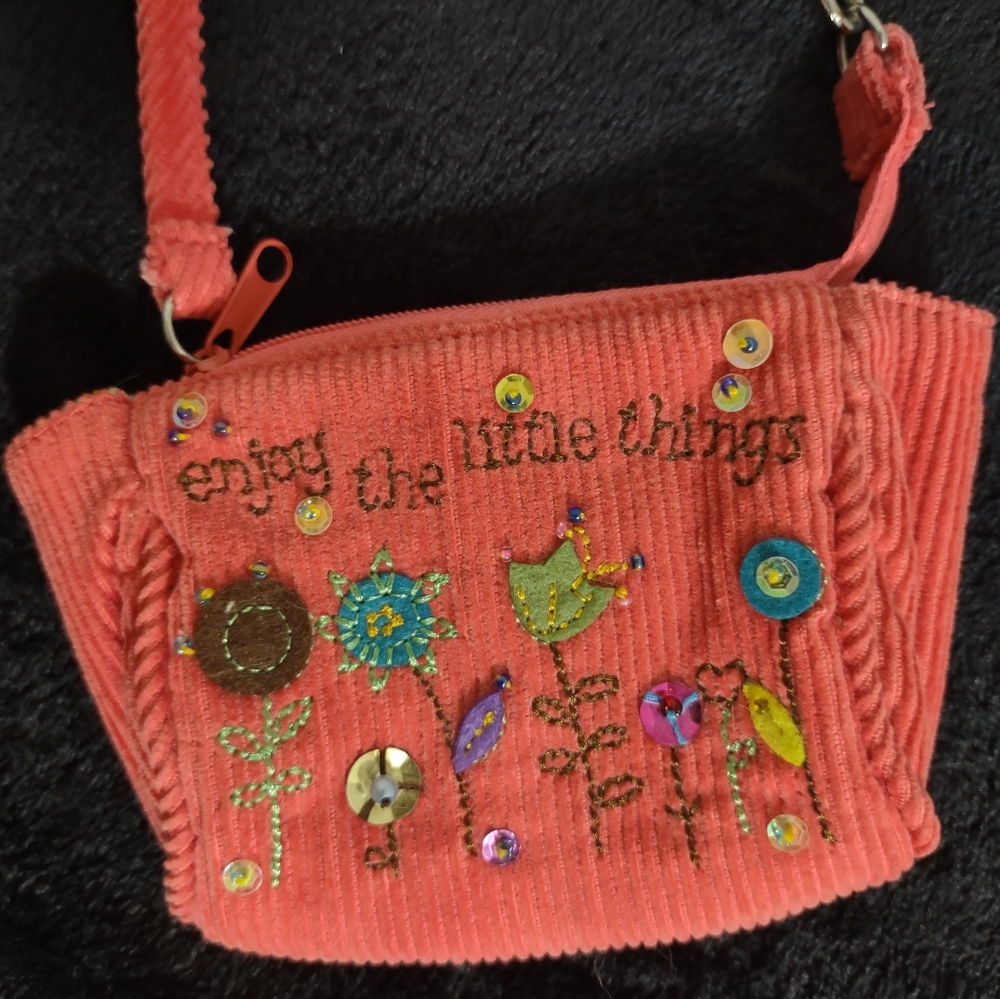 HANDMADE Little Girl's Embroidered & Beaded Coral Corduroy Purse - Picture 2 of 12